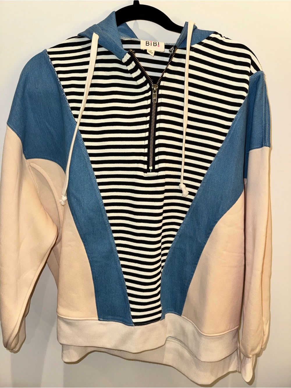 BiBi Blue, Cream & Black Striped Half-Zip Hoodie